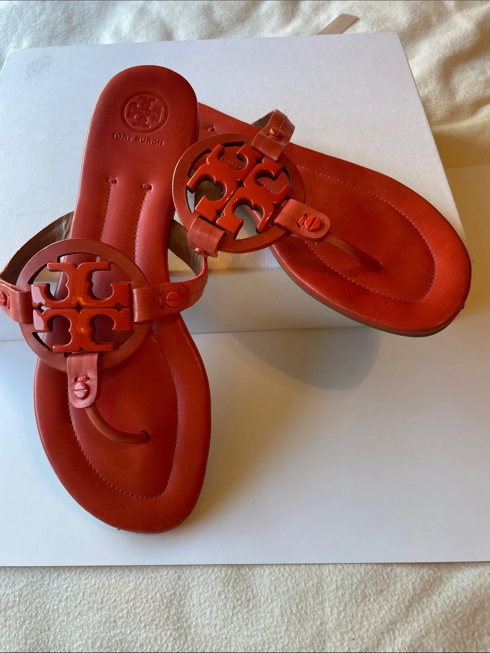 Tory Burch Women's Leather Miller Thong Sandals in Orange Coral Metal Logo